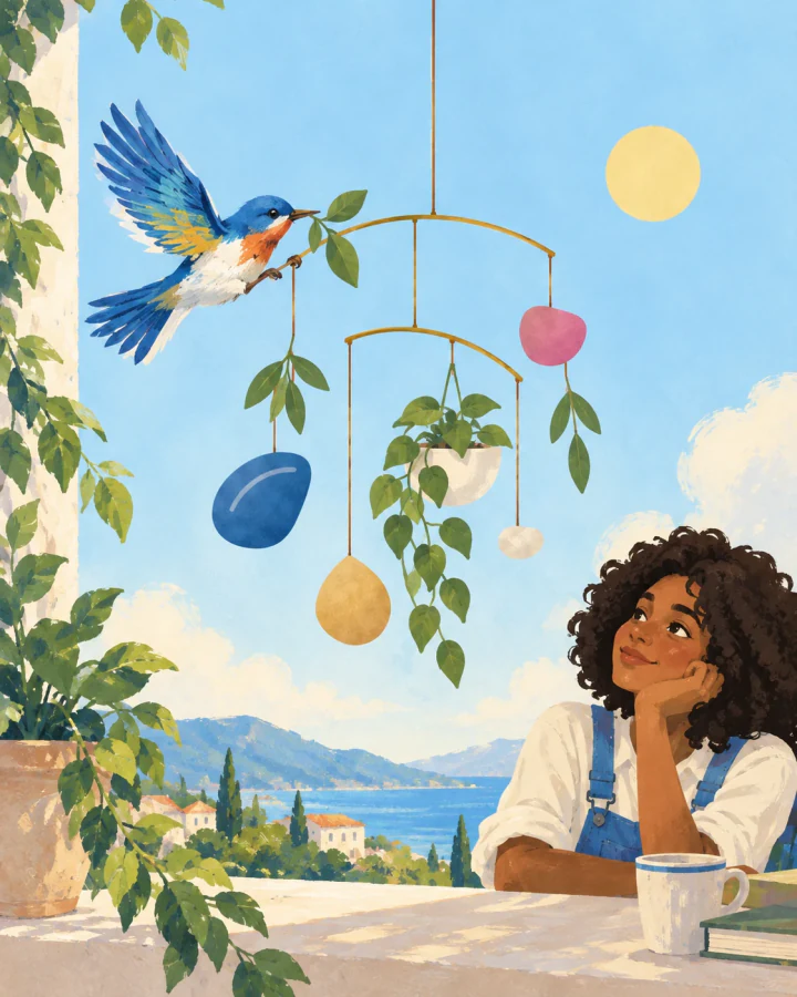 A blue bird brings a fresh leaf to a balanced, living arrangement: quiet care as things change.