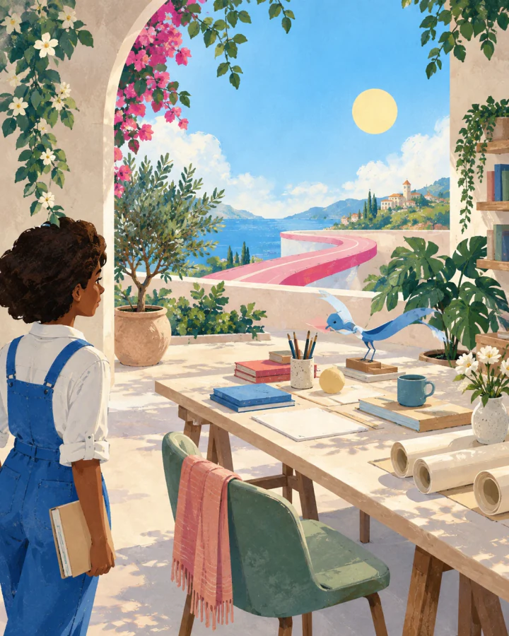 A blue bird tends a prepared workspace beside a ribbon-like bridge: the next step is already being made ready.