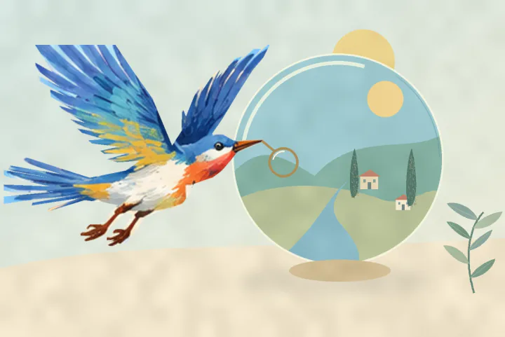 A blue bird studies a small landscape through a magnifying glass: Mula learns how the work fits together.